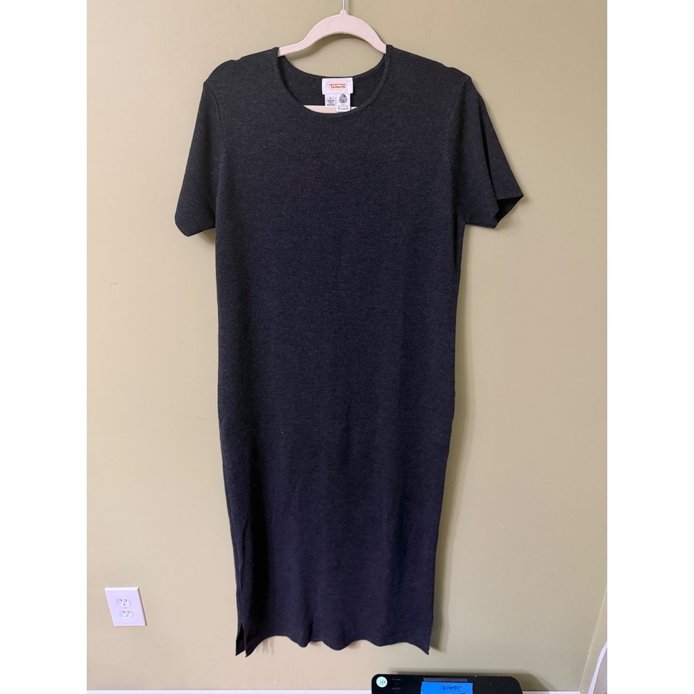 Talbots Italian Wool Sweater Dress Womens Large Gray Short Sleeve Maxi NWT